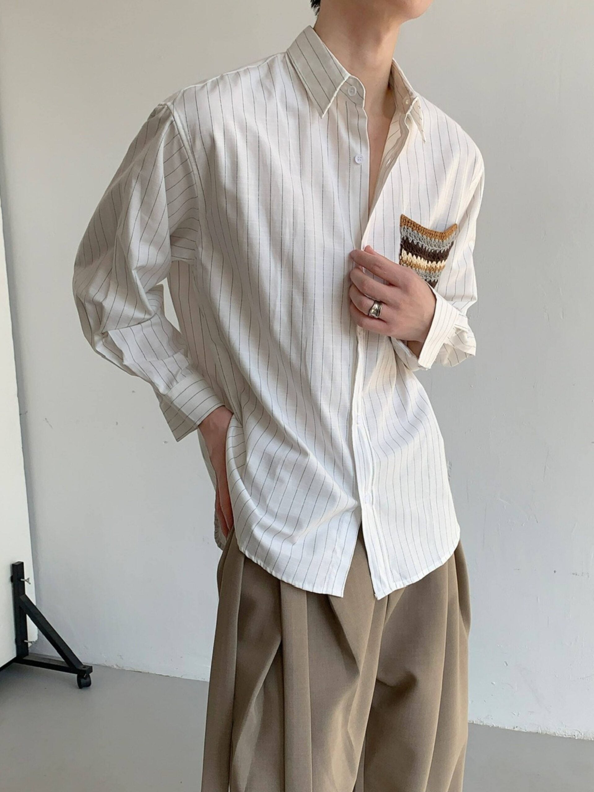 Designer Pocket Striped Relaxed Long Sleeve Shirt