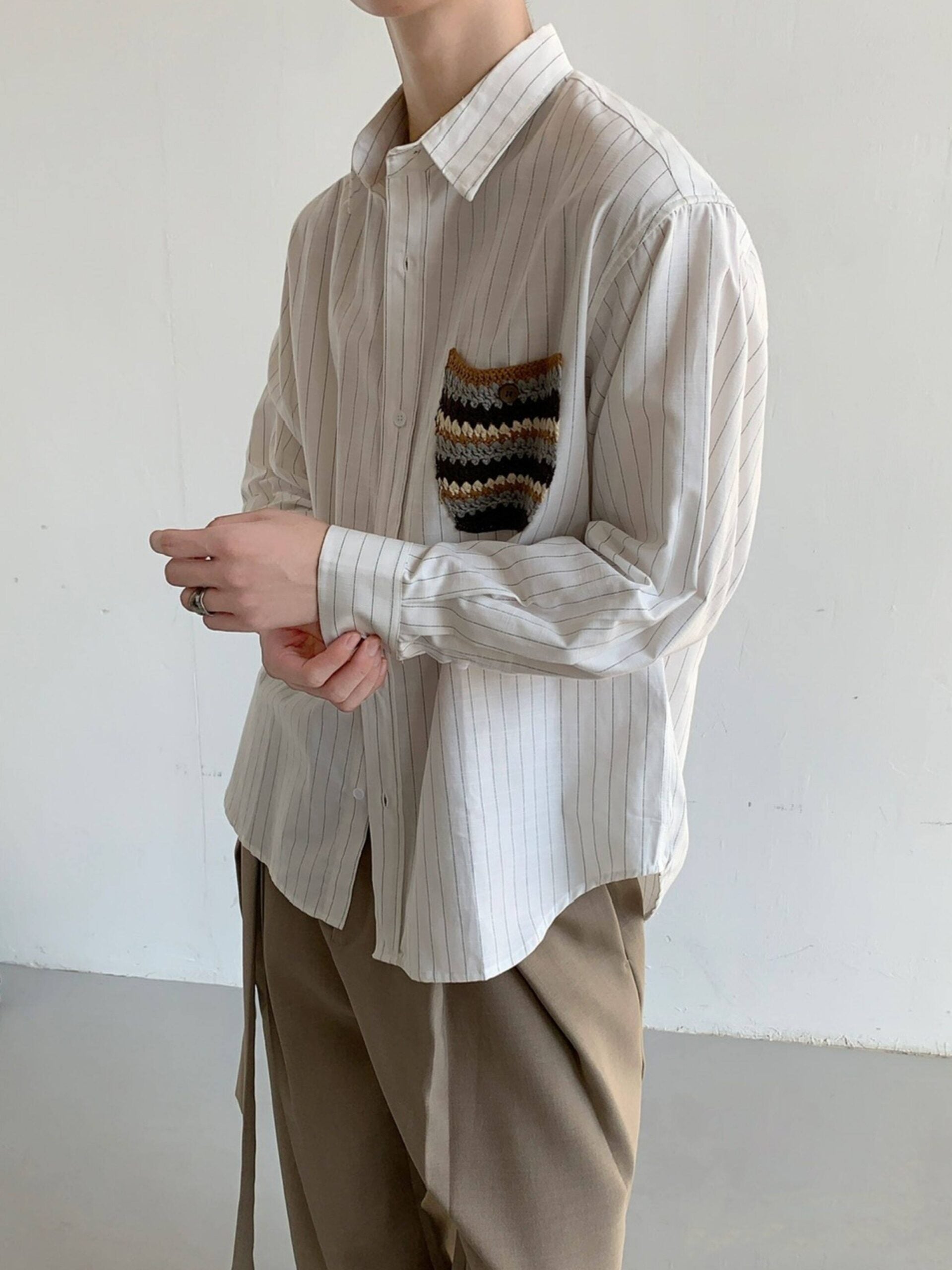 Designer Pocket Striped Relaxed Long Sleeve Shirt