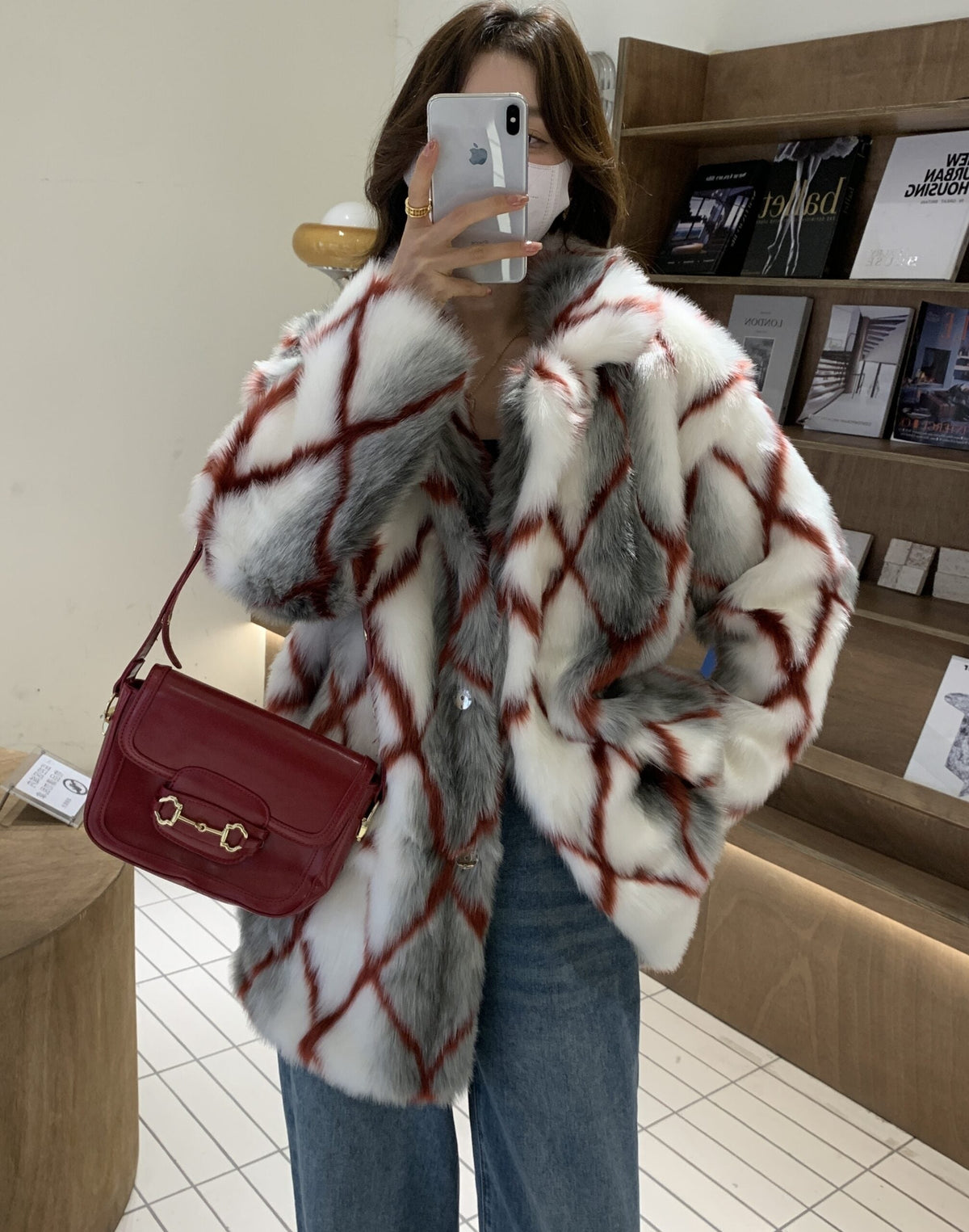 Dirty White Diamond Grid Faux Fur Coat