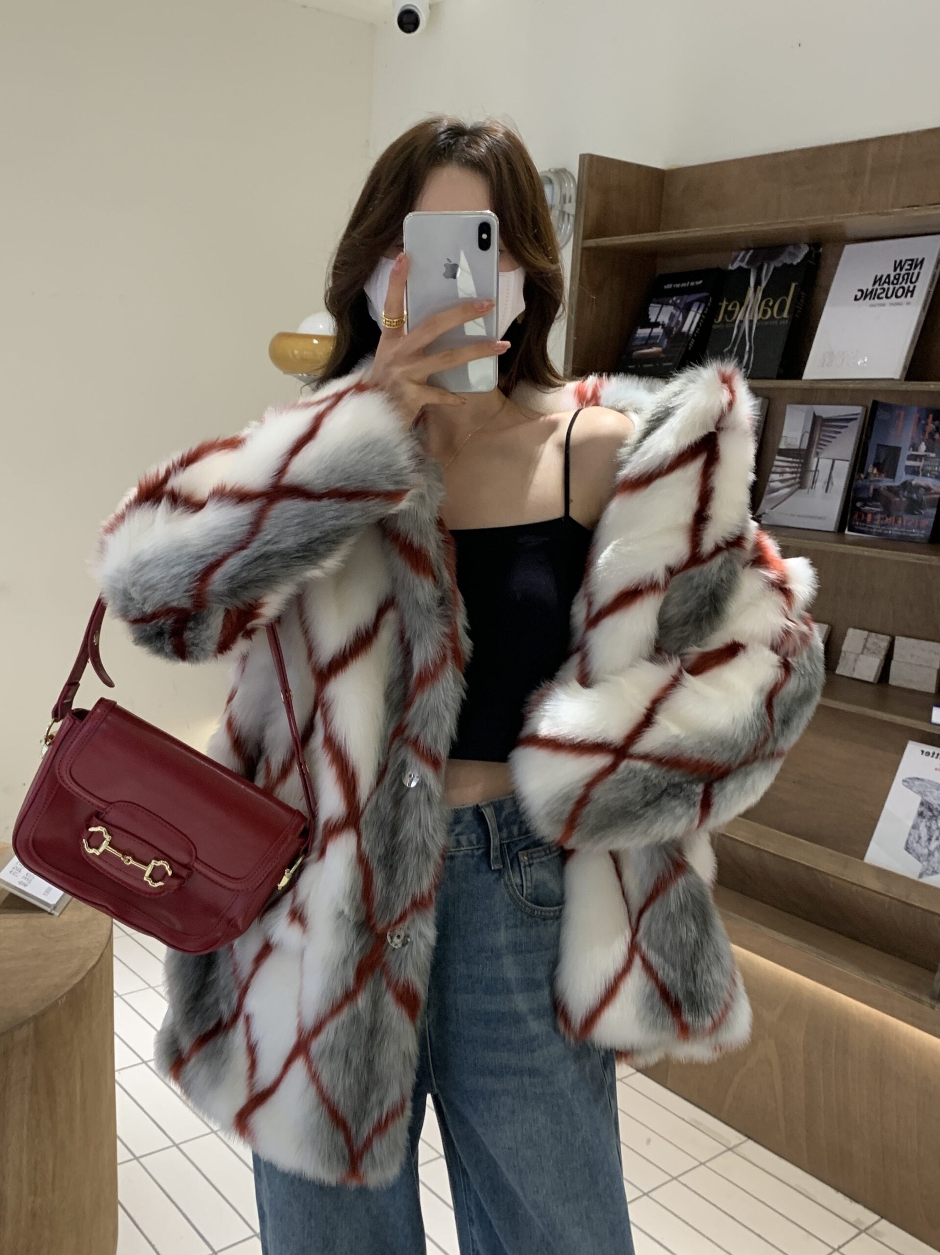Dirty White Diamond Grid Faux Fur Coat