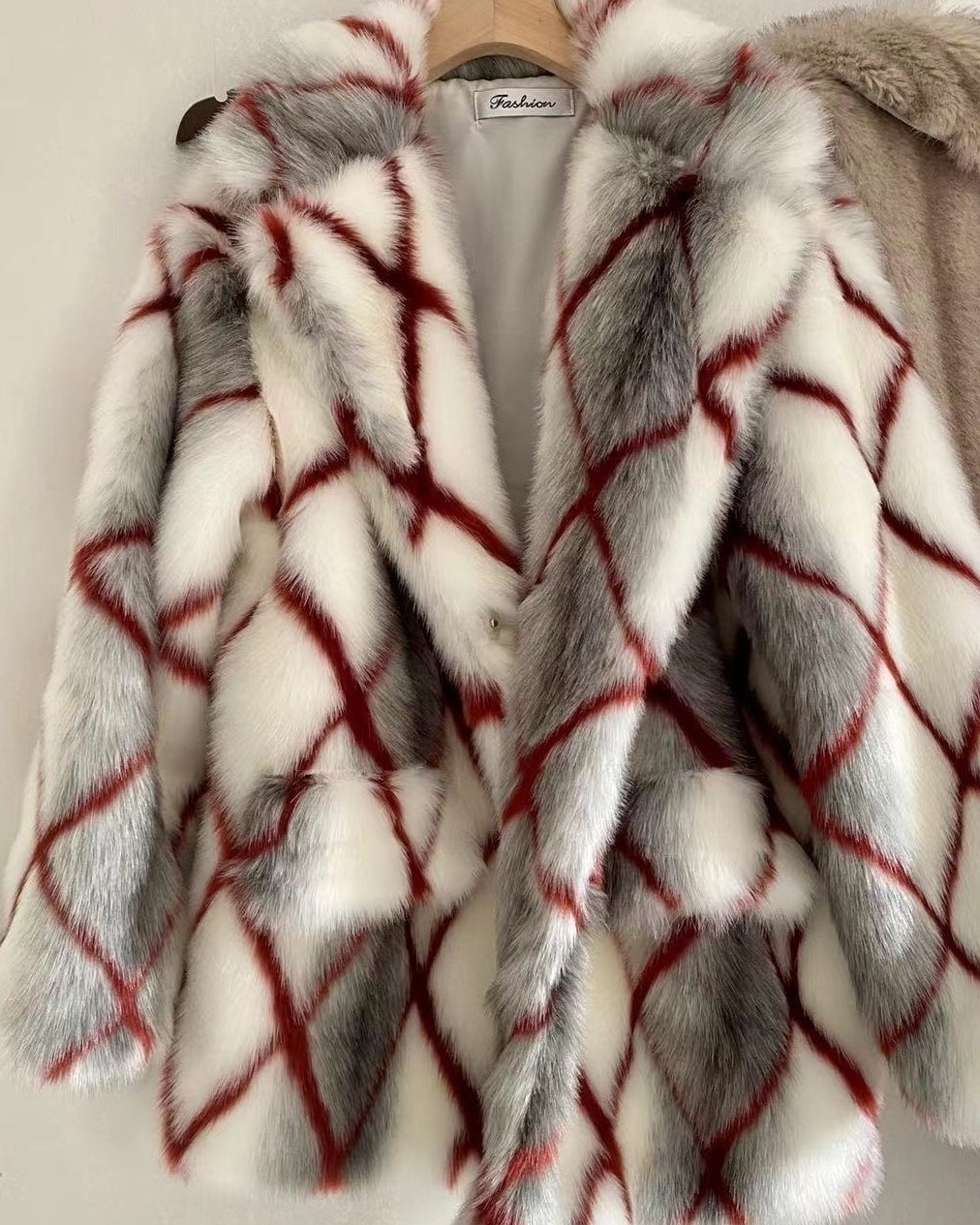 Dirty White Diamond Grid Faux Fur Coat
