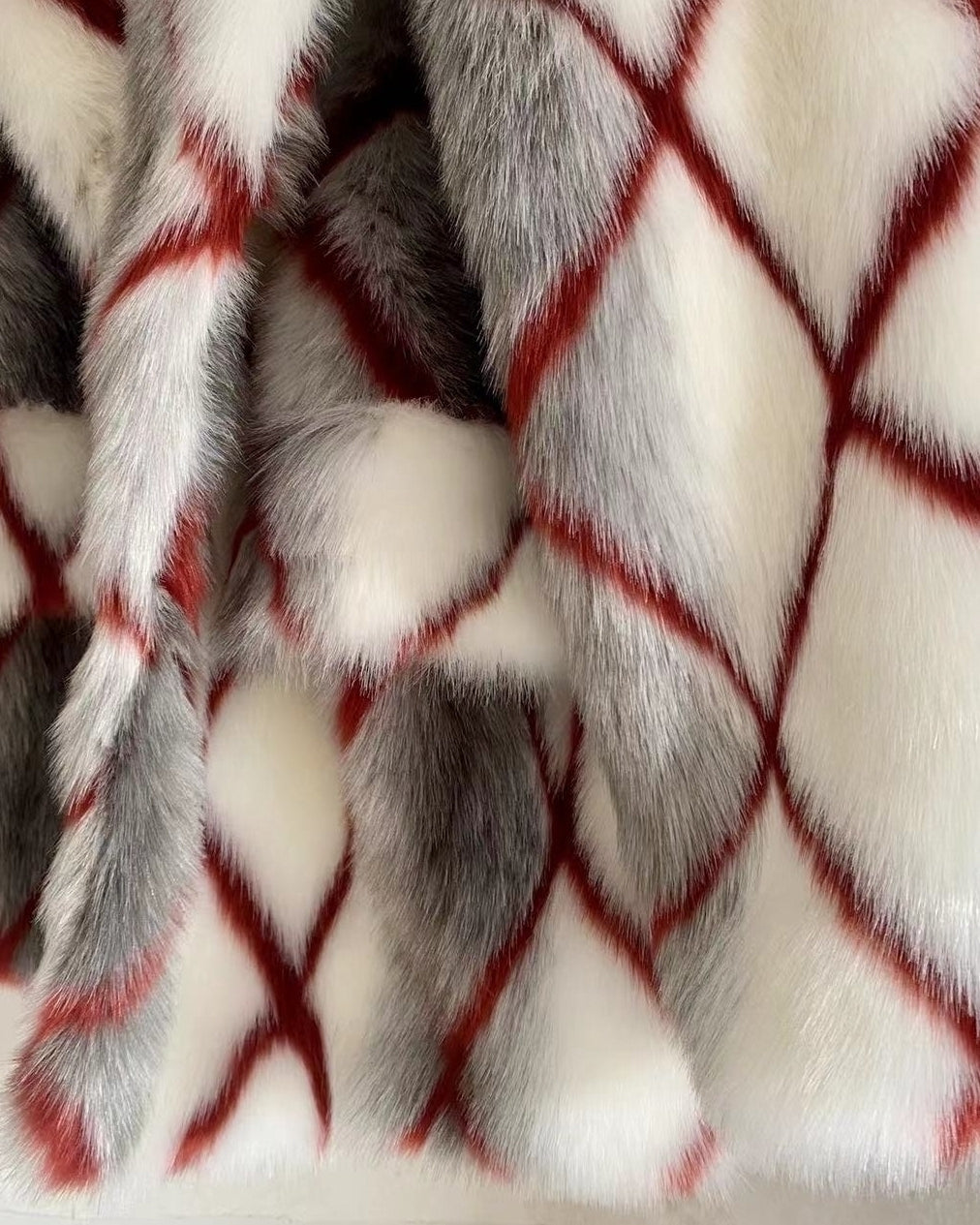Dirty White Diamond Grid Faux Fur Coat