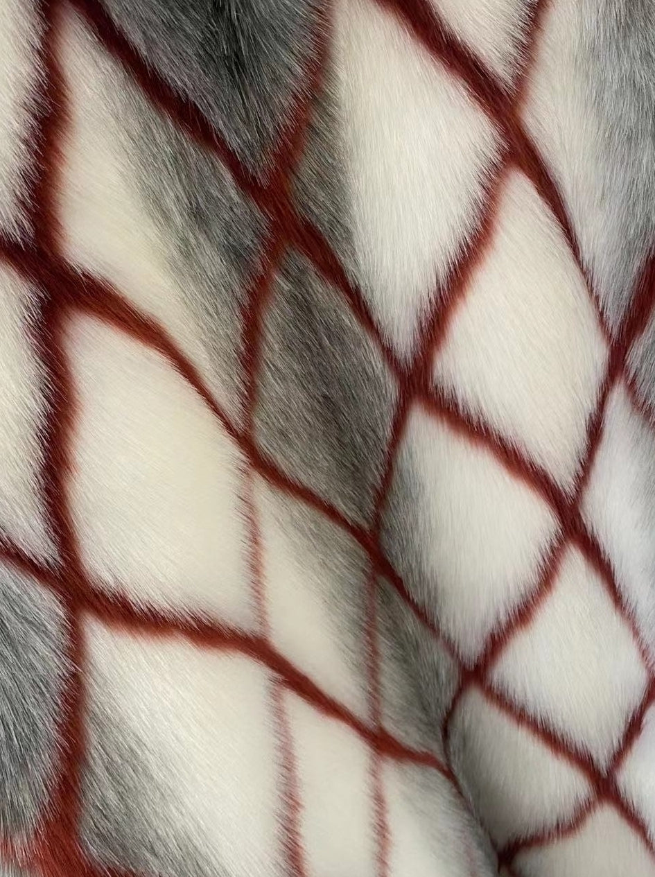 Dirty White Diamond Grid Faux Fur Coat