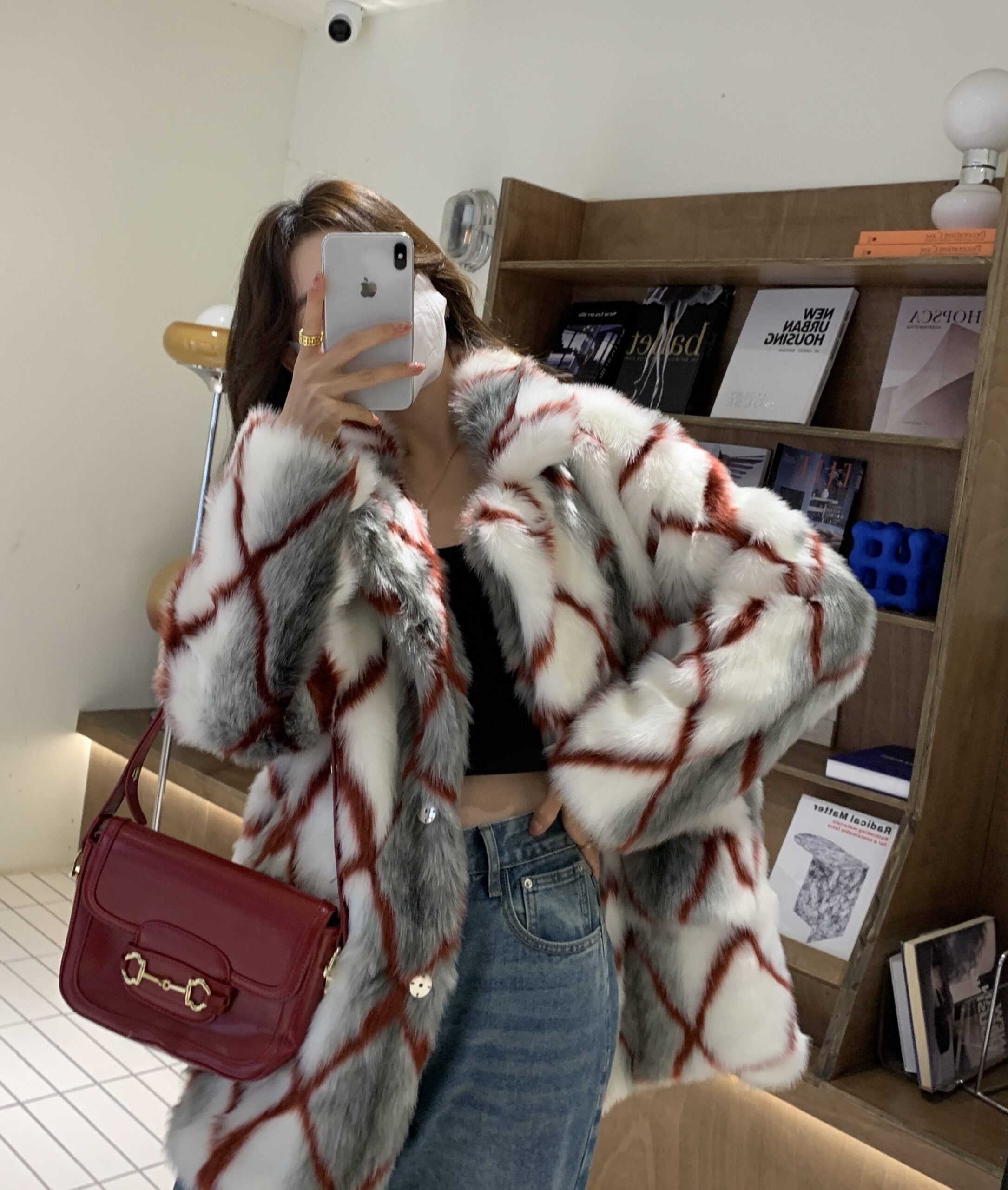 Dirty White Diamond Grid Faux Fur Coat