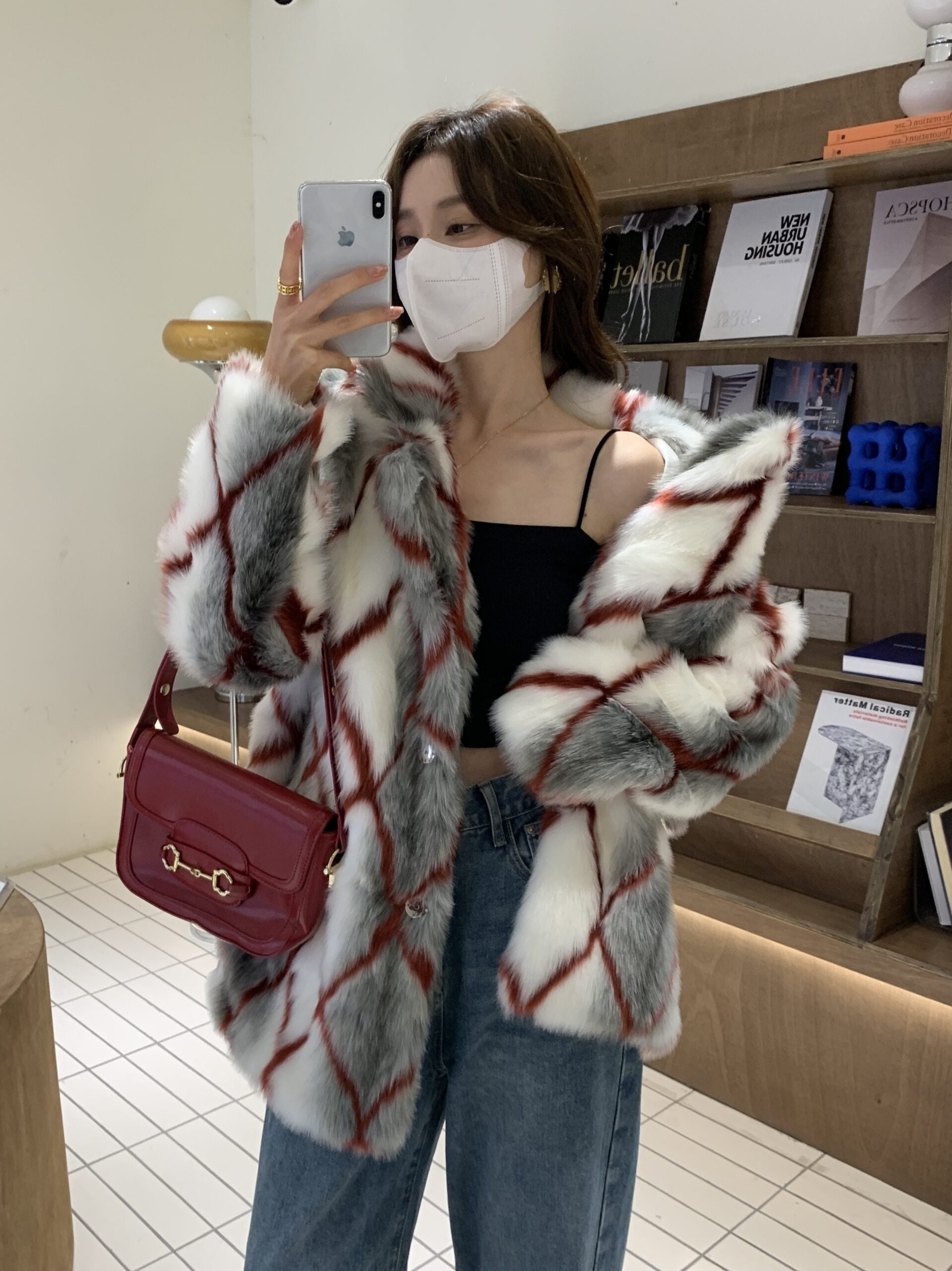 Dirty White Diamond Grid Faux Fur Coat