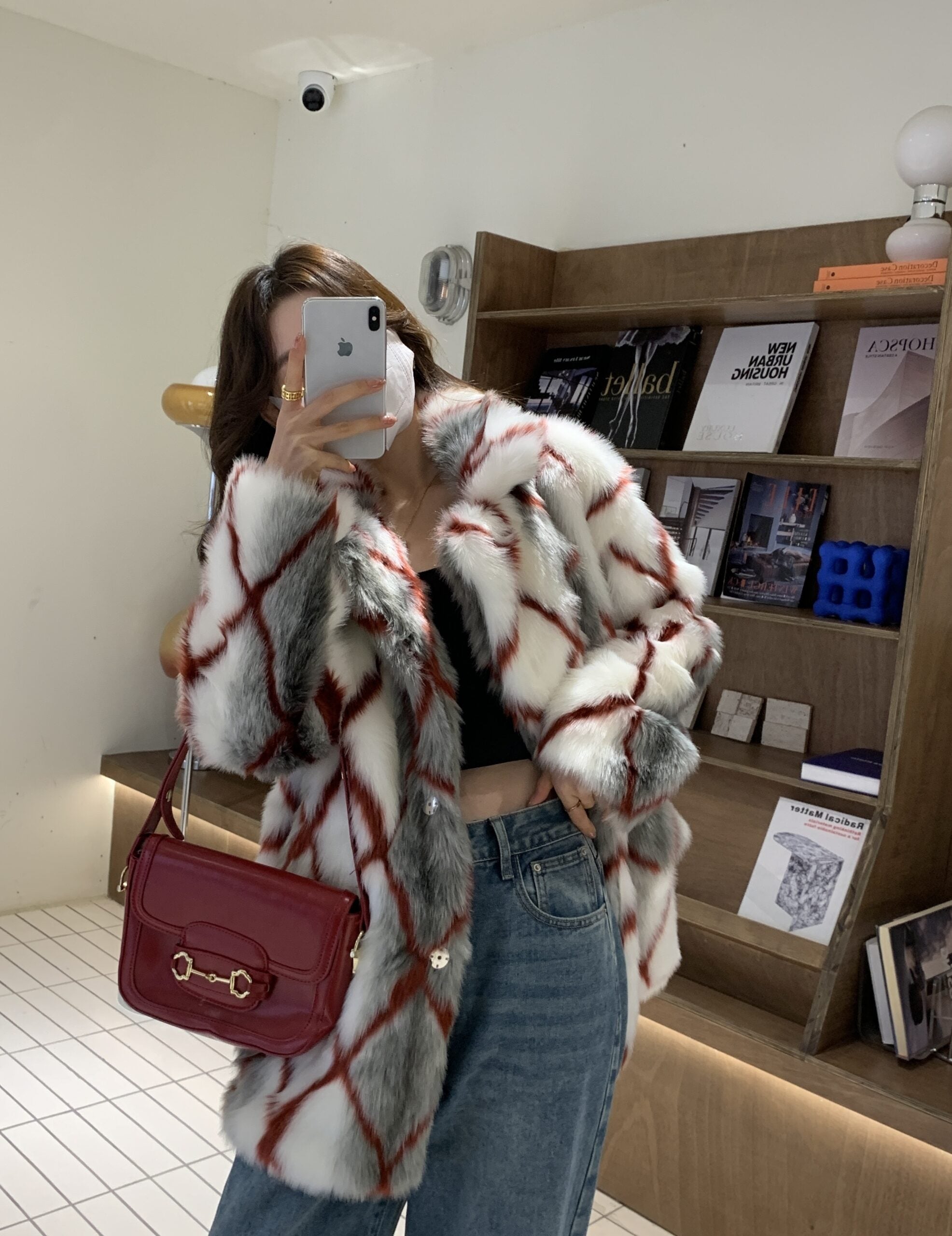 Dirty White Diamond Grid Faux Fur Coat