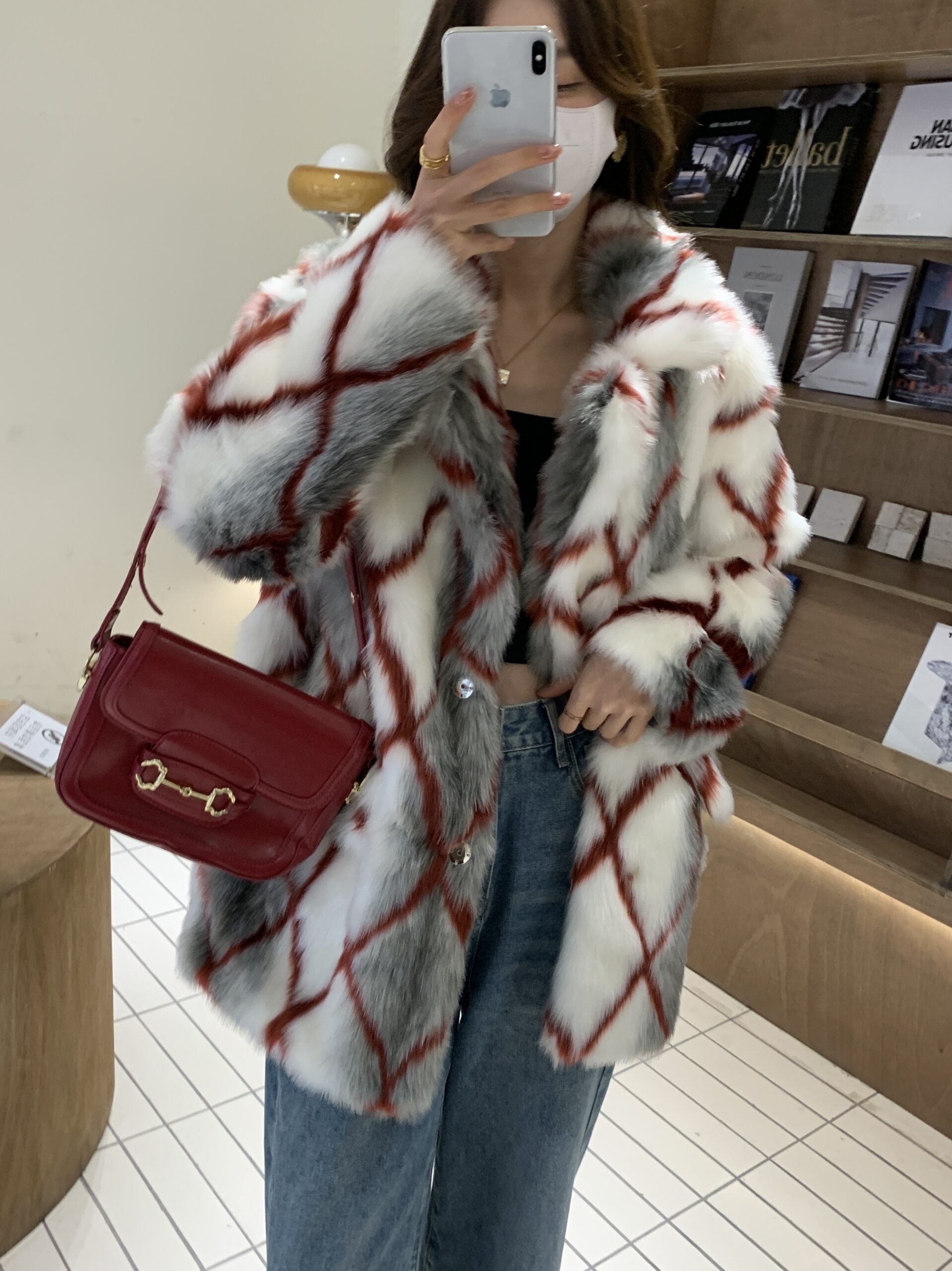 Dirty White Diamond Grid Faux Fur Coat