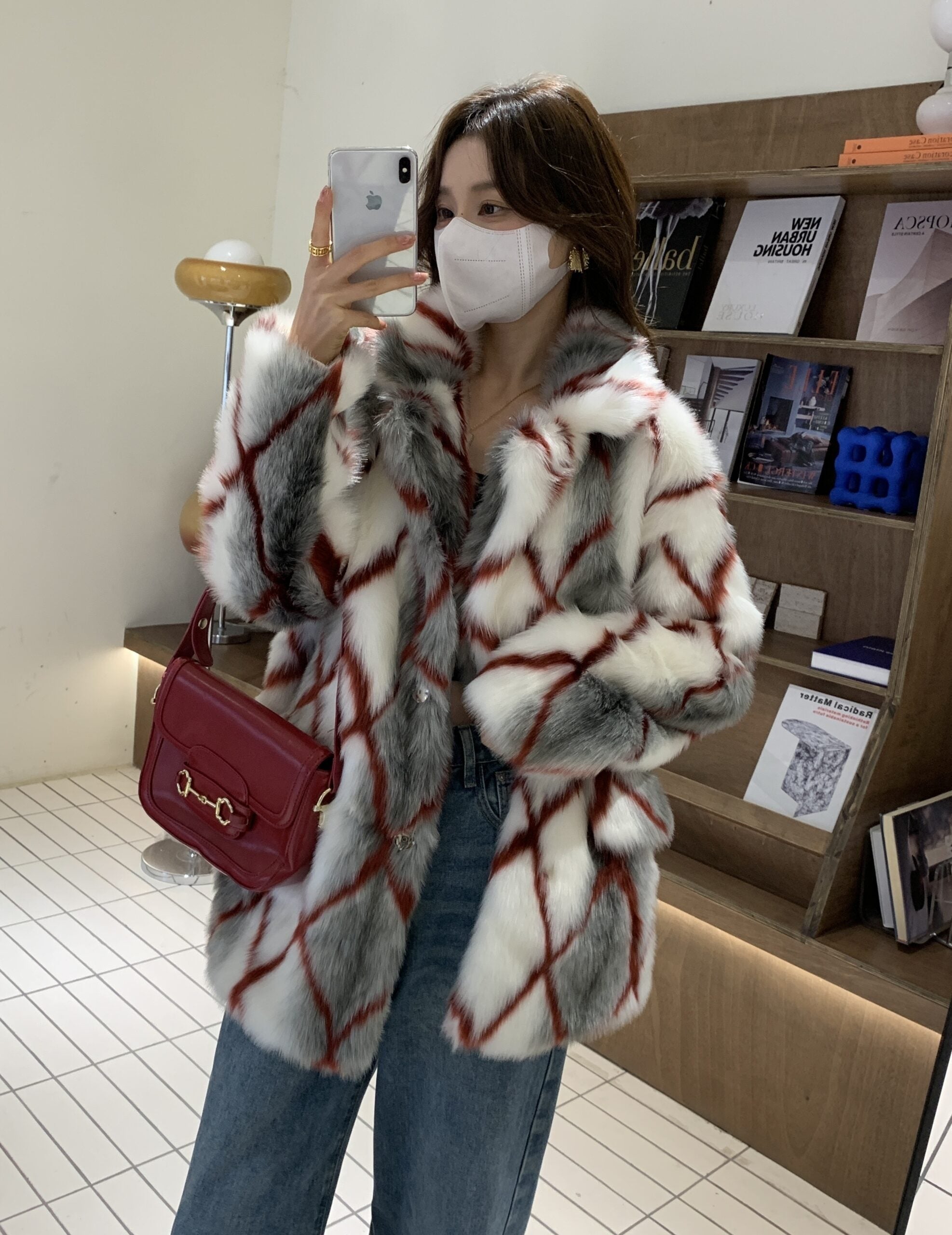 Dirty White Diamond Grid Faux Fur Coat