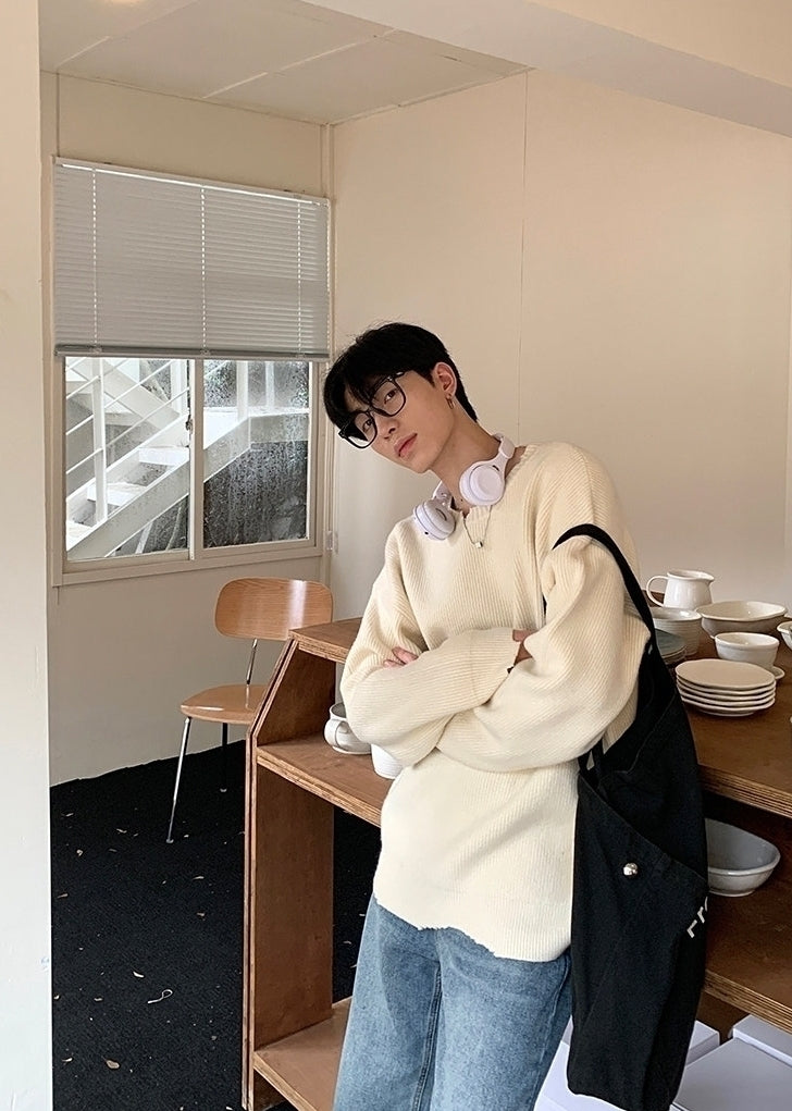 Distressed Crewneck Long Sleeve Relaxed Casual Sweater