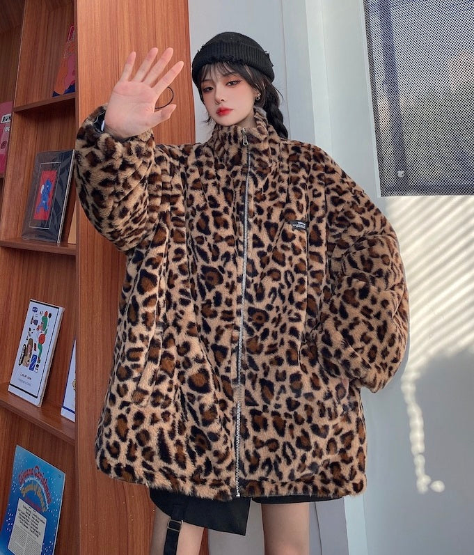 Brown Stand-Up Collar Leopard Jacket