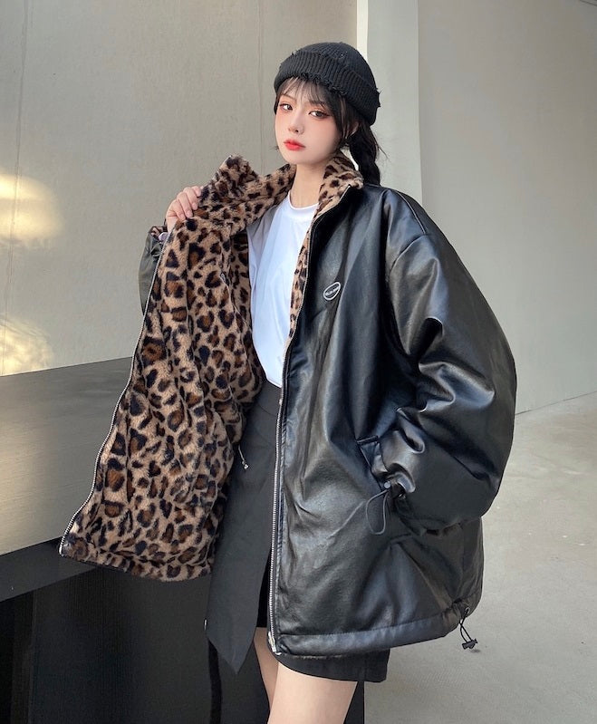 Brown Stand-Up Collar Leopard Jacket
