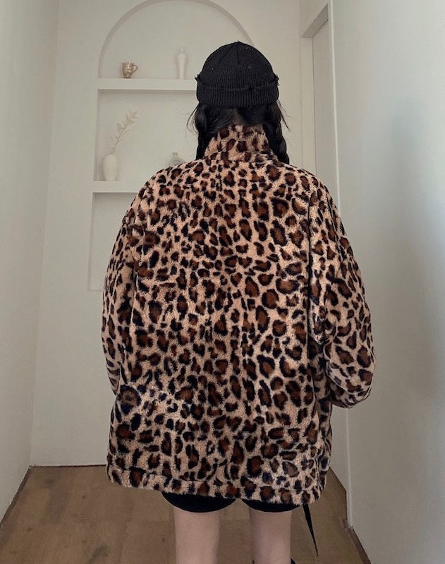 Brown Stand-Up Collar Leopard Jacket