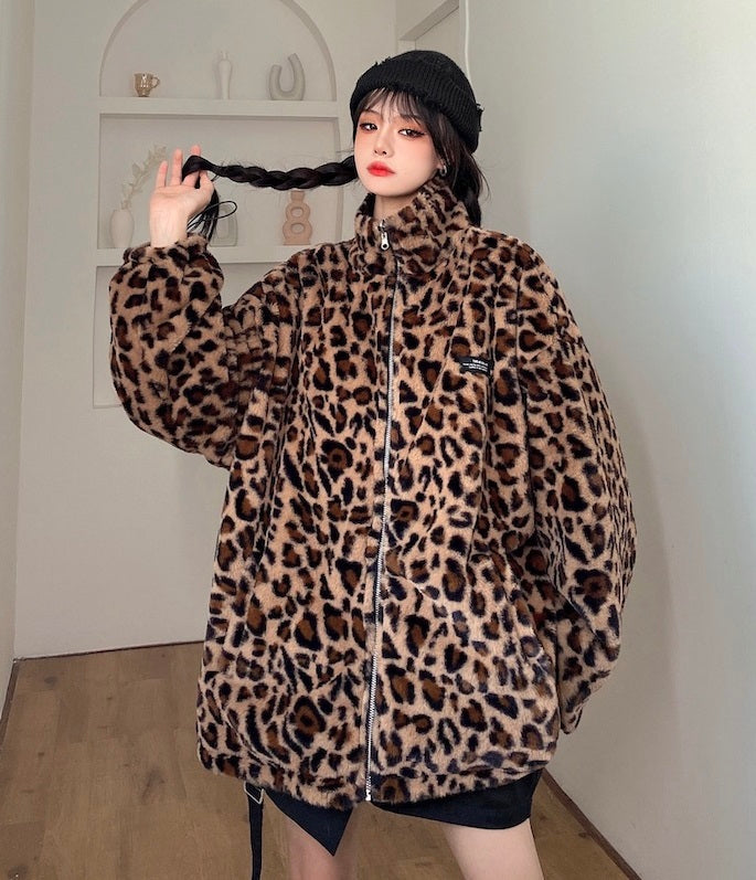 Brown Stand-Up Collar Leopard Jacket