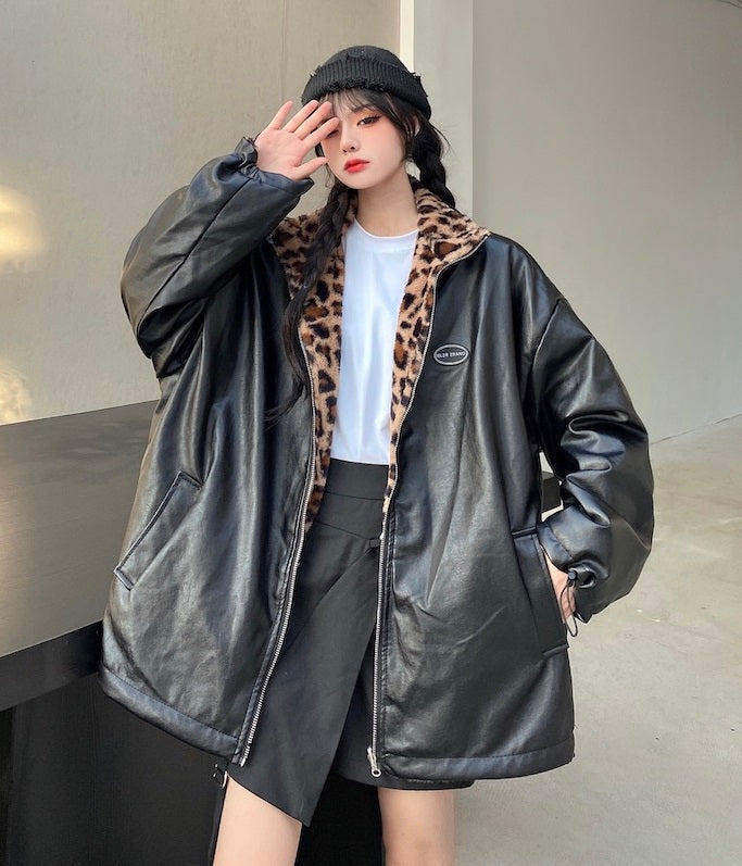 Brown Stand-Up Collar Leopard Jacket