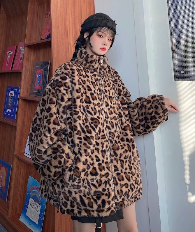 Brown Stand-Up Collar Leopard Jacket
