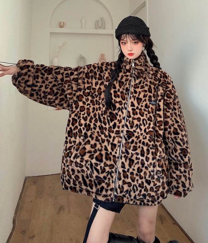 Brown Stand-Up Collar Leopard Jacket