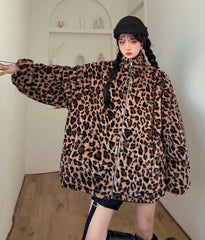 Brown Stand-Up Collar Leopard Jacket