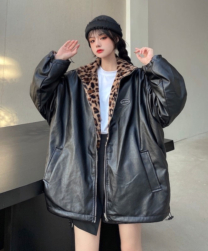 Brown Stand-Up Collar Leopard Jacket