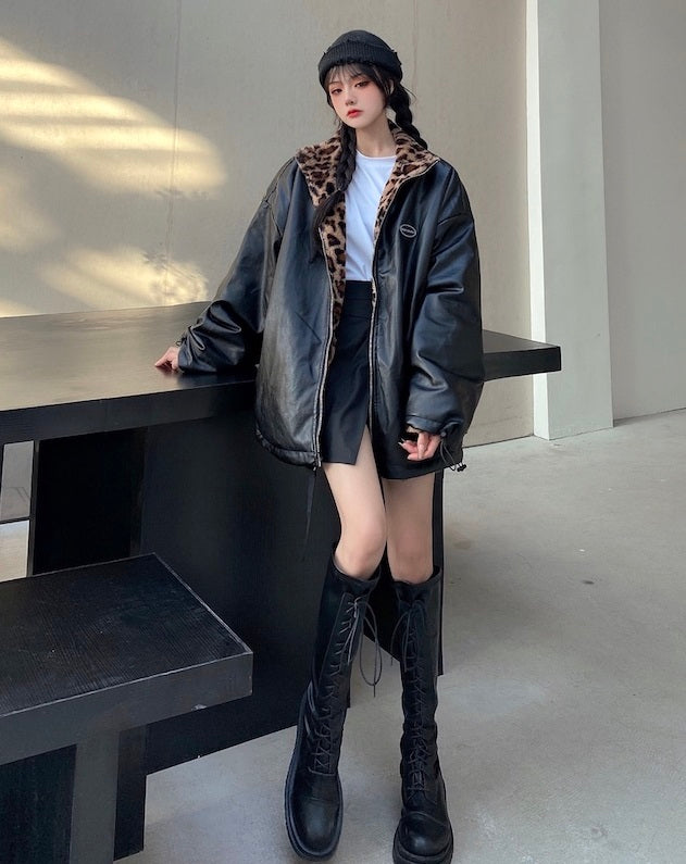 Brown Stand-Up Collar Leopard Jacket