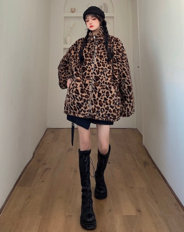 Brown Stand-Up Collar Leopard Jacket