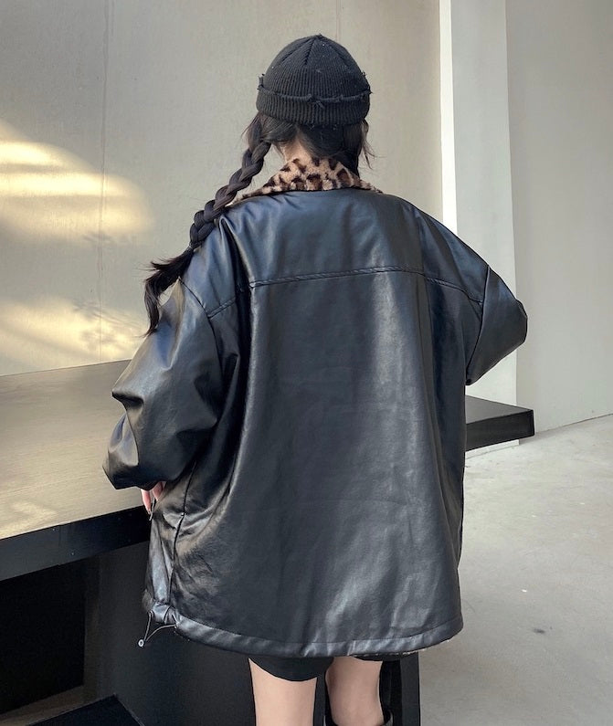 Brown Stand-Up Collar Leopard Jacket