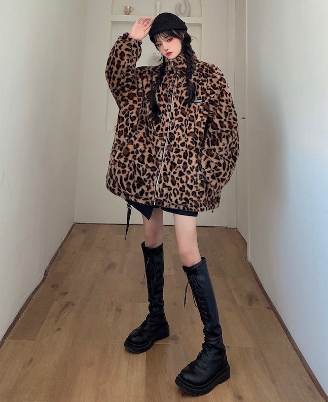 Brown Stand-Up Collar Leopard Jacket