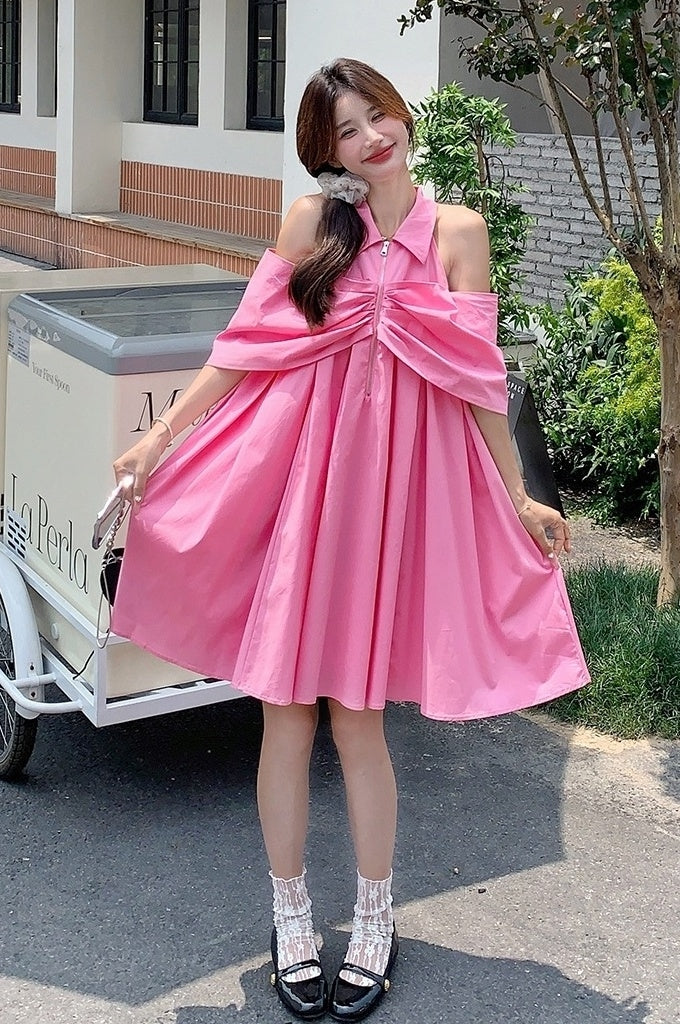 Dopamine Pink Off Shoulder Babydoll Dress Summer Cute