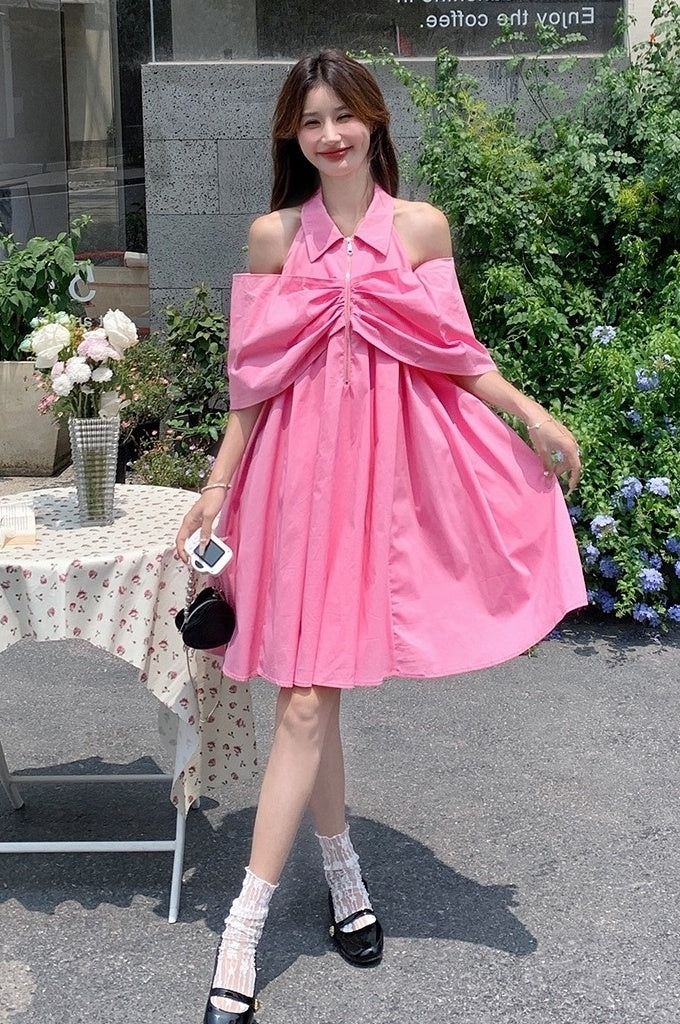 Dopamine Pink Off Shoulder Babydoll Dress Summer Cute