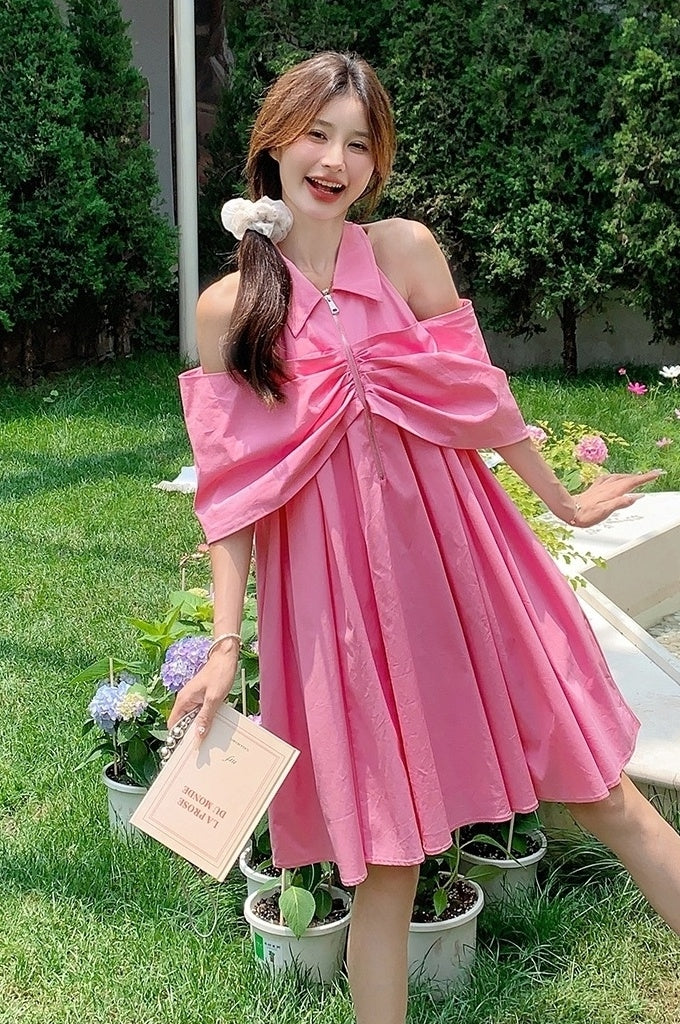 Dopamine Pink Off Shoulder Babydoll Dress Summer Cute