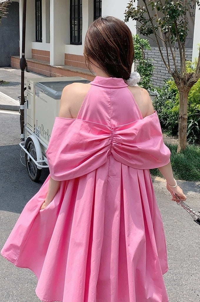 Dopamine Pink Off Shoulder Babydoll Dress Summer Cute