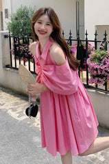 Dopamine Pink Off Shoulder Babydoll Dress Summer Cute