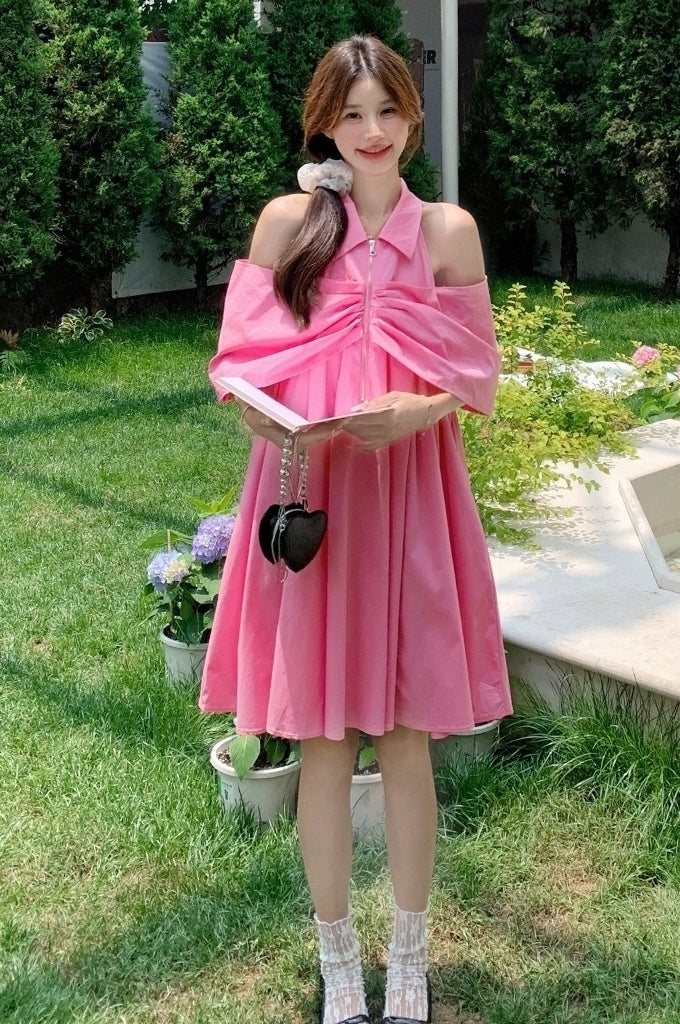 Dopamine Pink Off Shoulder Babydoll Dress Summer Cute