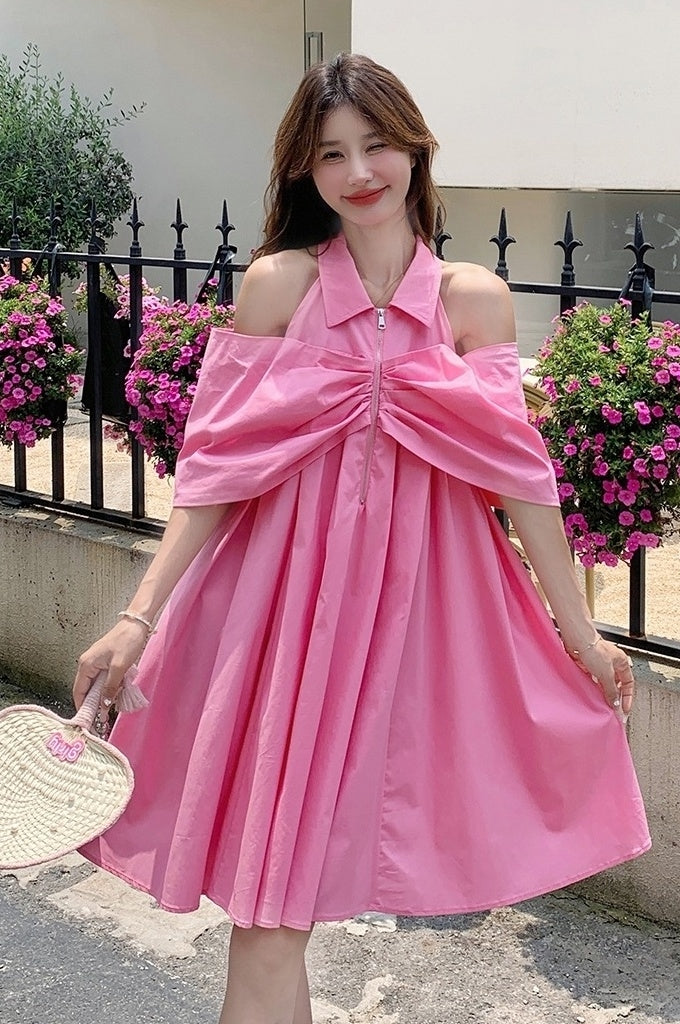 Dopamine Pink Off Shoulder Babydoll Dress Summer Cute