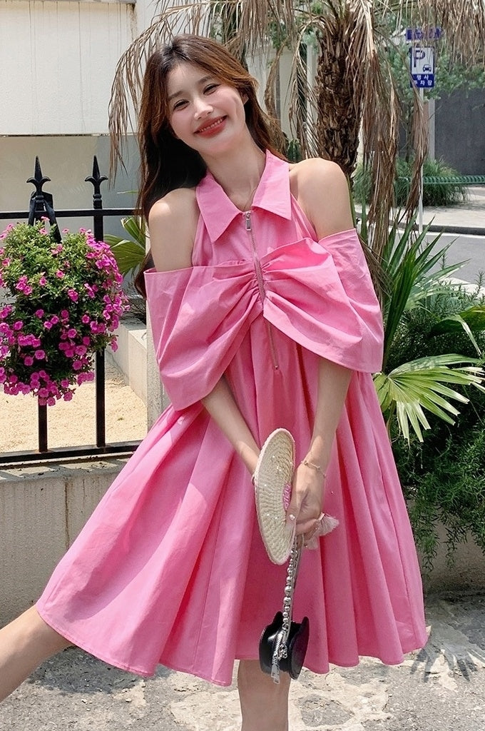 Dopamine Pink Off Shoulder Babydoll Dress Summer Cute