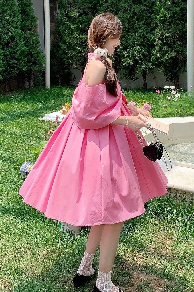 Dopamine Pink Off Shoulder Babydoll Dress Summer Cute