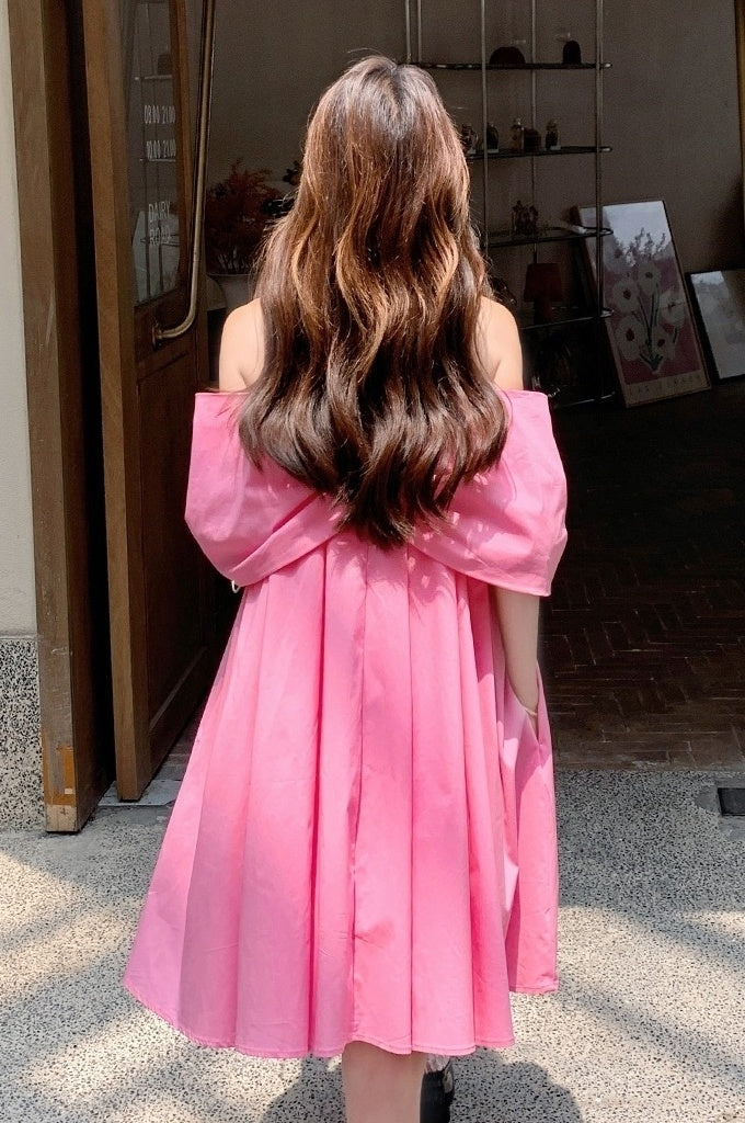 Dopamine Pink Off Shoulder Babydoll Dress Summer Cute