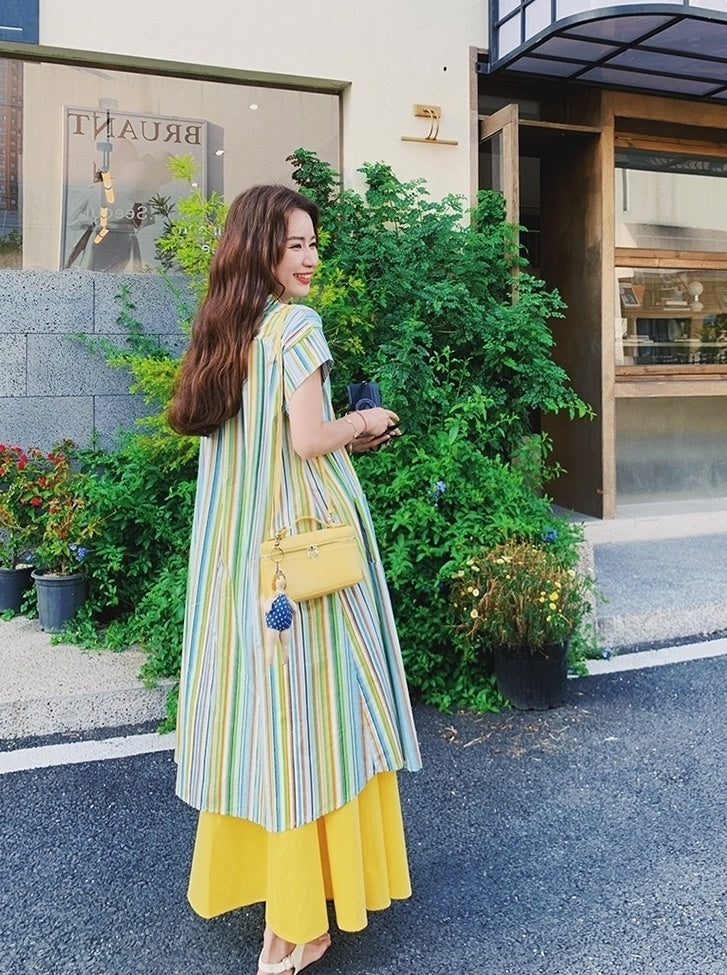 Dopamine Vacation Striped Shirt Skirt Set