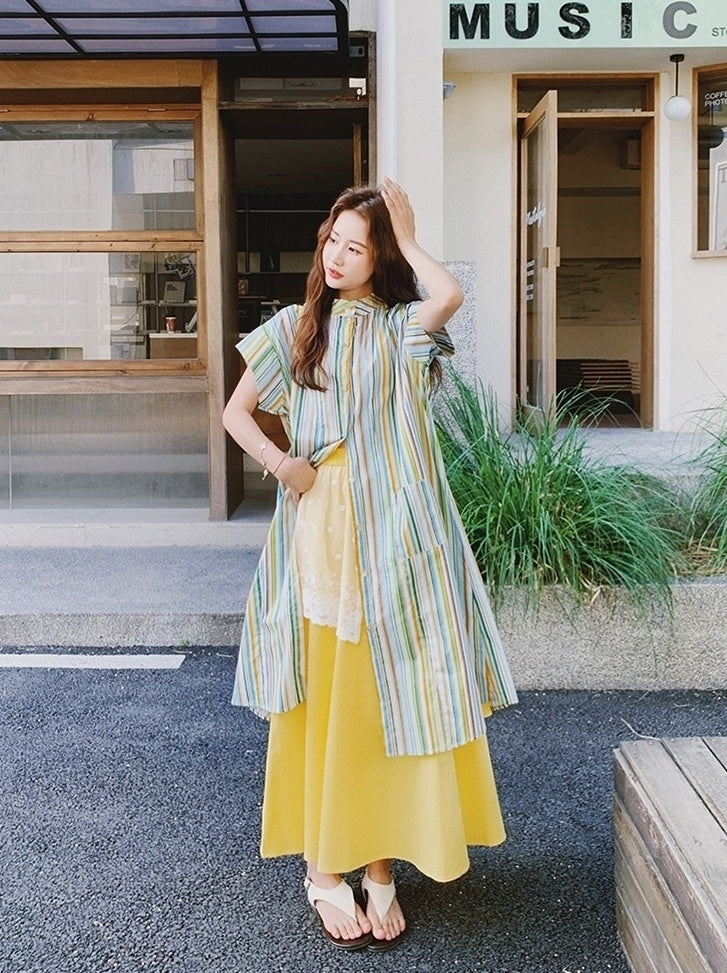 Dopamine Vacation Striped Shirt Skirt Set