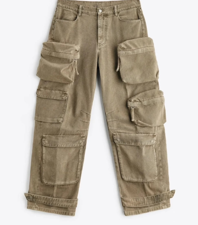 Brown Multi-Pocket Cargo Jeans
