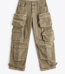 Brown Multi-Pocket Cargo Jeans