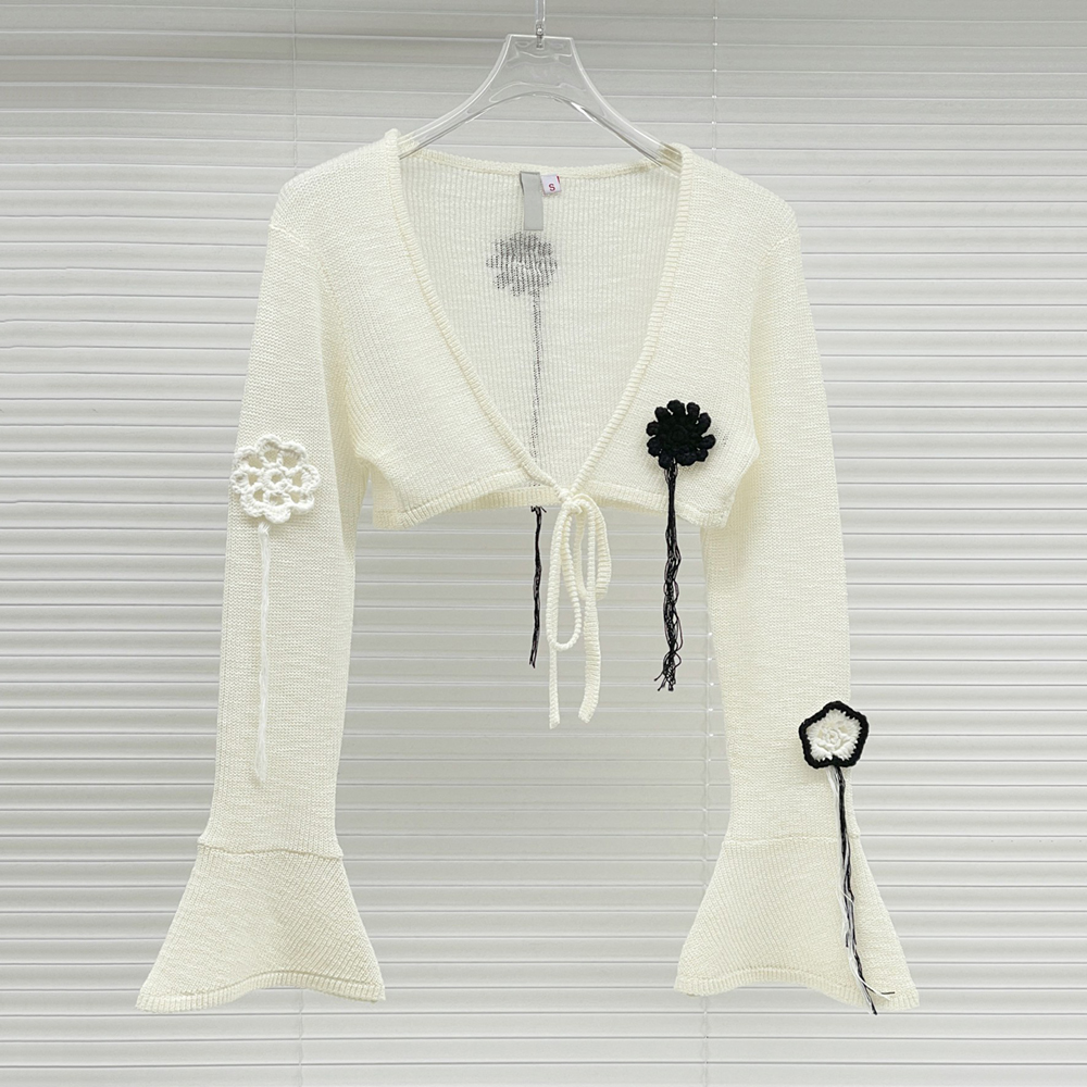 White Flower Embroidered Crop Cardigan