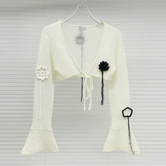 White Flower Embroidered Crop Cardigan