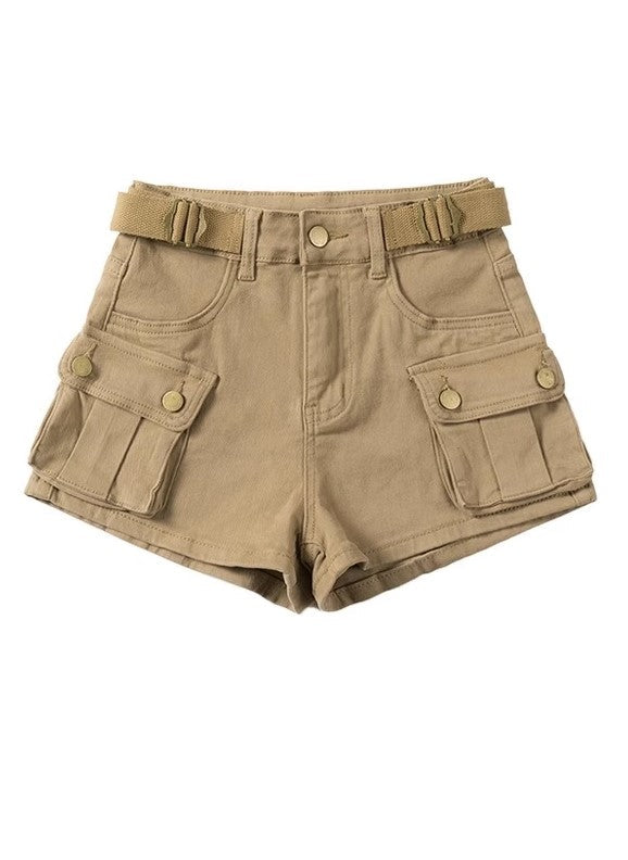 Brown Multi-Pocket Buckled Shorts