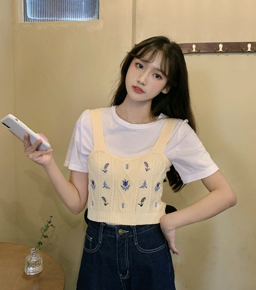 White Floral Embroidered Knitted Crop Top