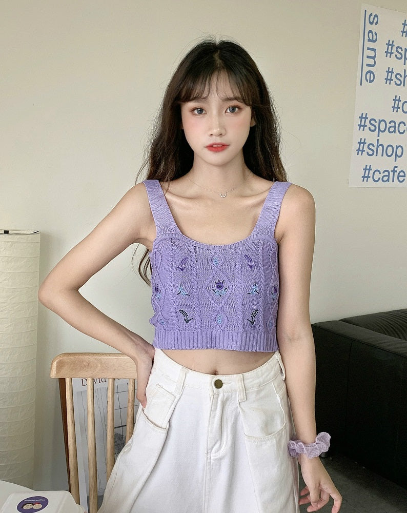 White Floral Embroidered Knitted Crop Top