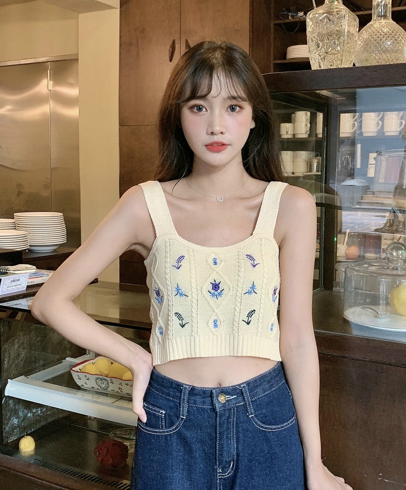 White Floral Embroidered Knitted Crop Top