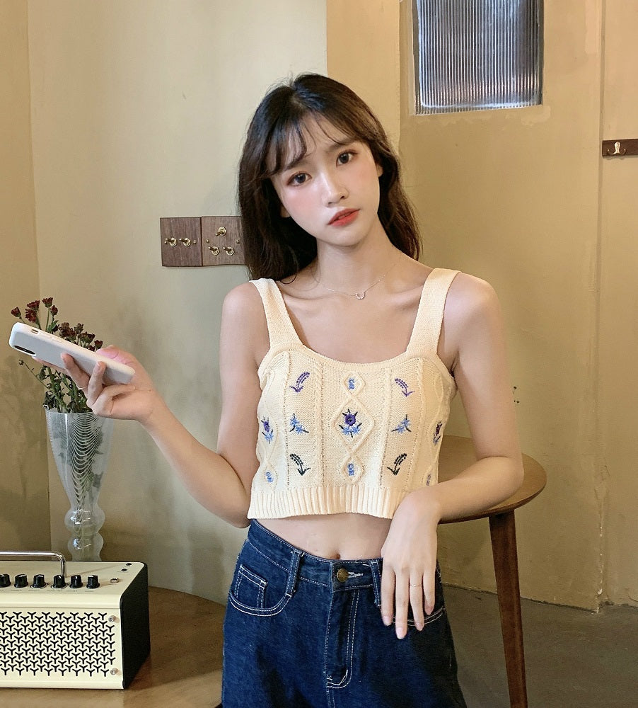 White Floral Embroidered Knitted Crop Top