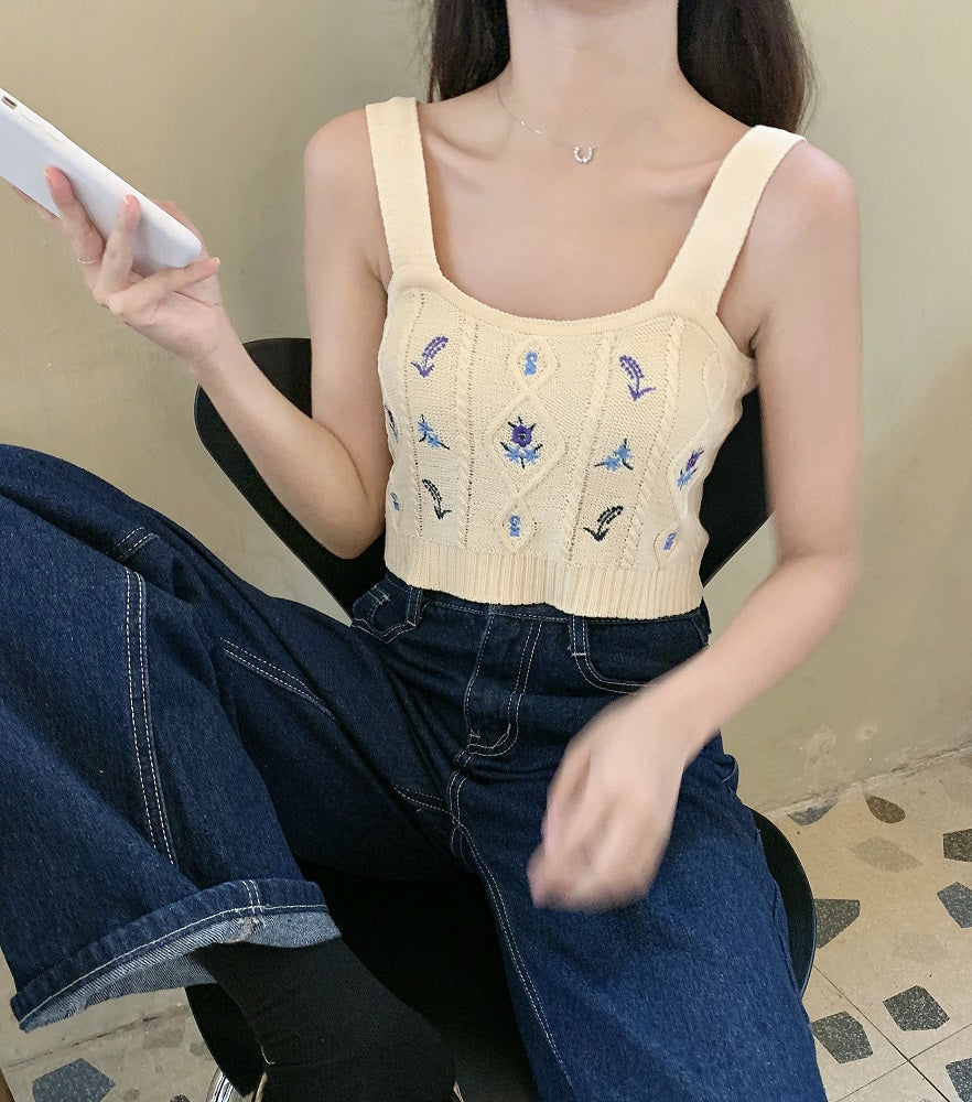 White Floral Embroidered Knitted Crop Top