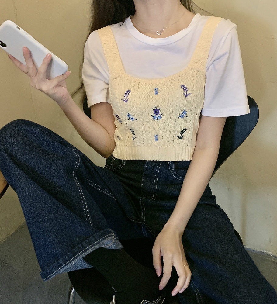 White Floral Embroidered Knitted Crop Top
