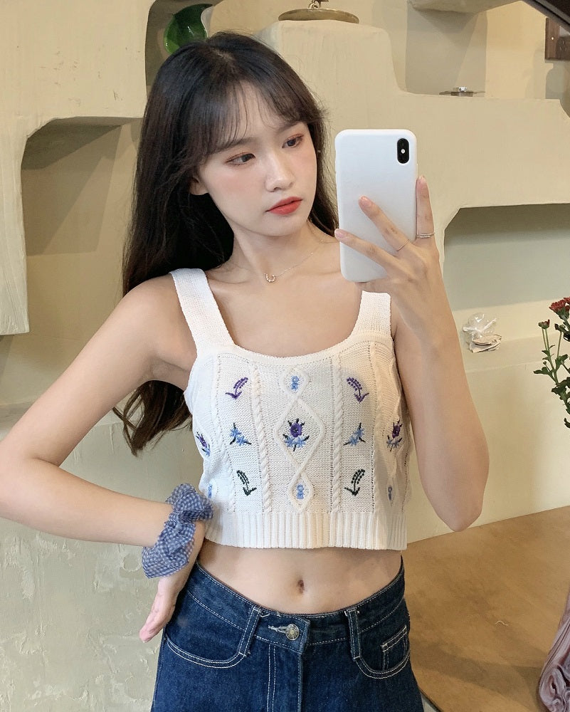 White Floral Embroidered Knitted Crop Top